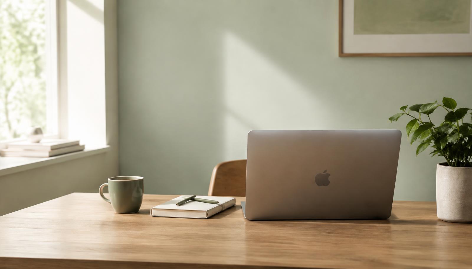 A calm workspace with a laptop, notebook and plant